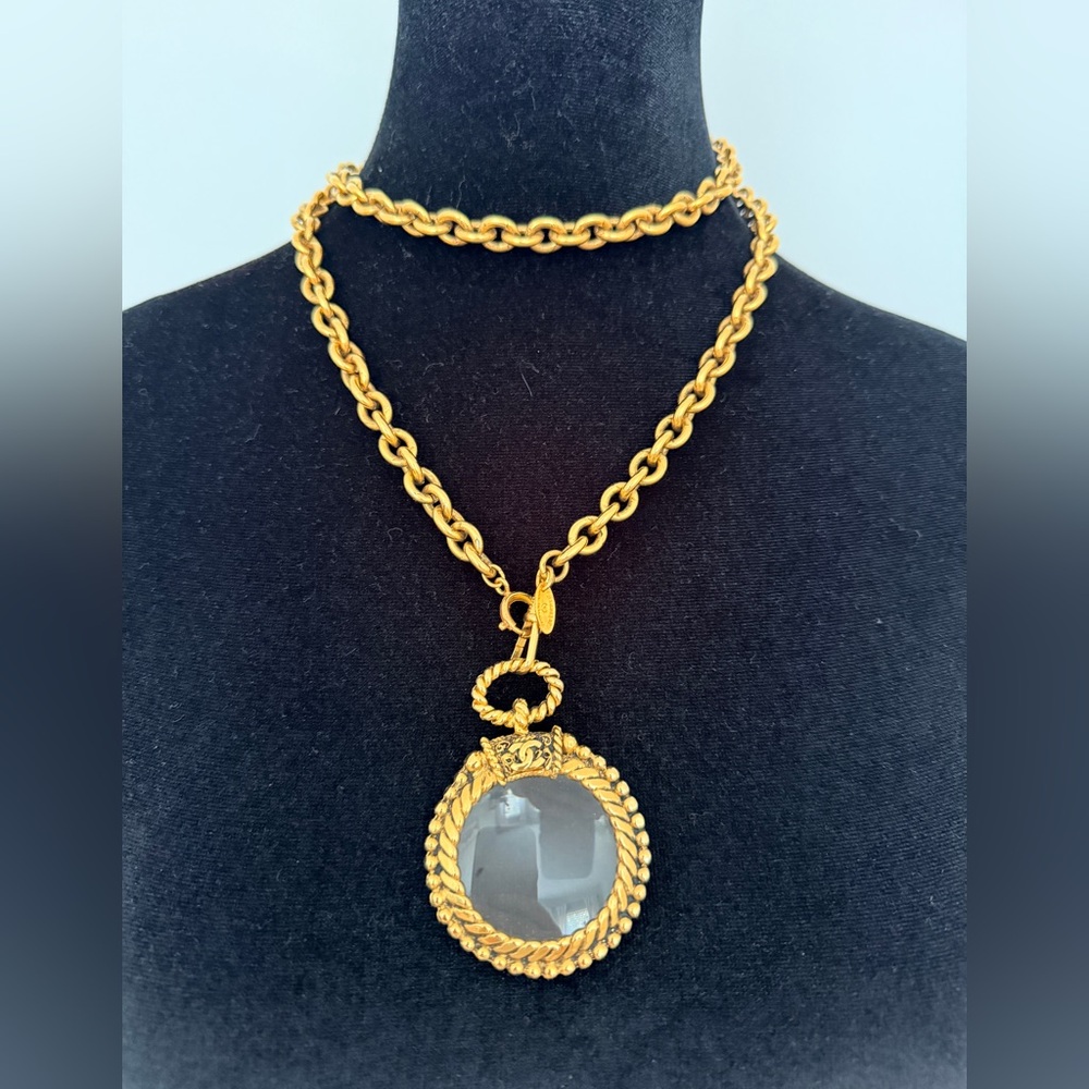 Vintage CHANEL Gold Loupe Necklace with Crystal Pendant